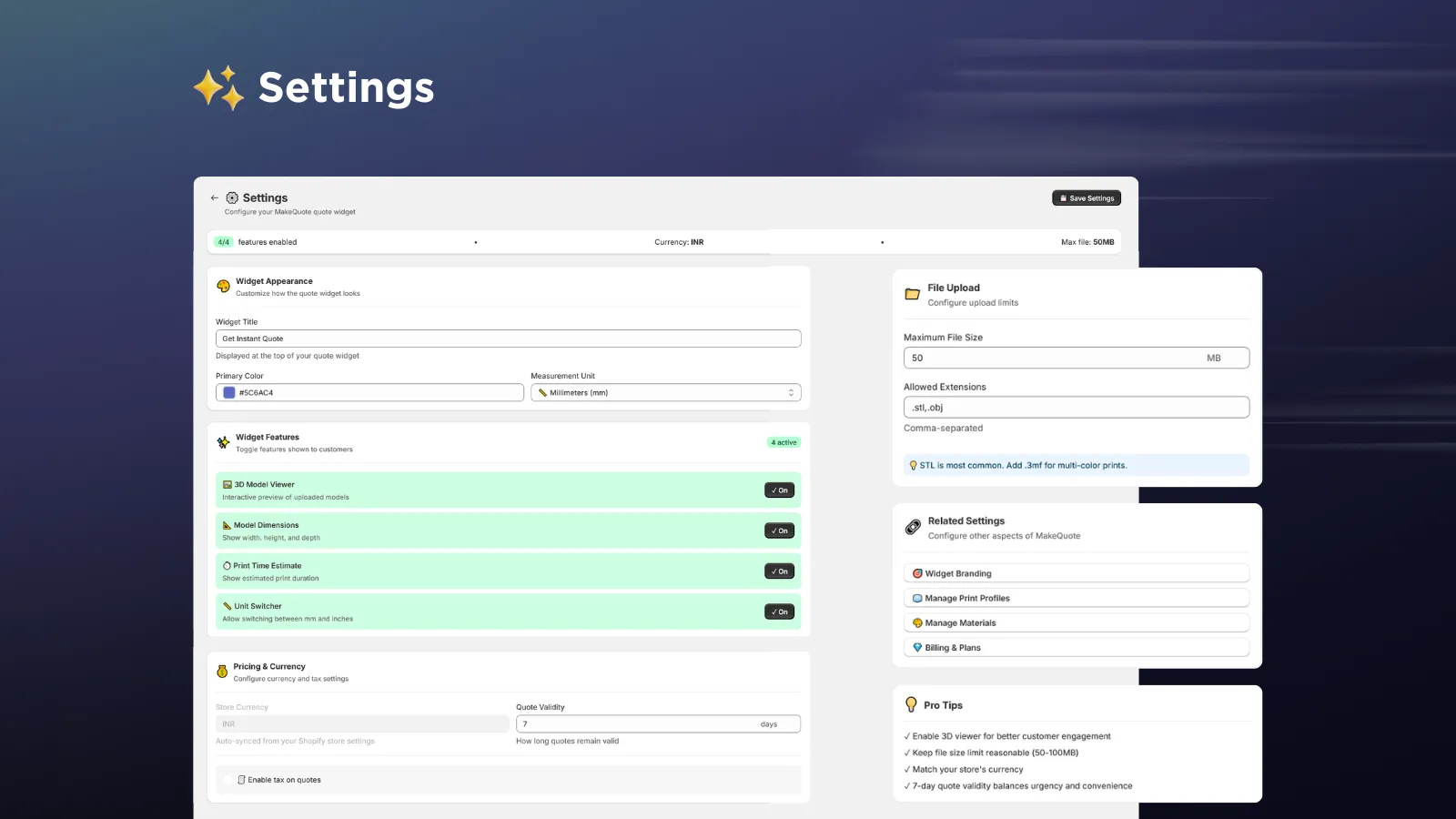 MakeQuote Settings — App configuration and preferences